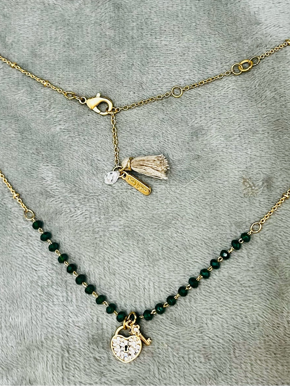 Gold Necklace with Dark Green Beads and Heart & Key Charm